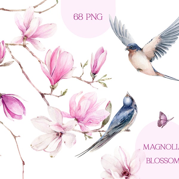Watercolor magnolia clipart, spring clipart, swallow, flowers and birds png, pink floral wedding clip art, DIY elements, butterflies