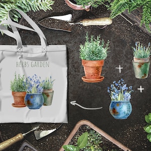 May include: A white tote bag with the text "Herbs Garden" printed on it. The bag features a watercolor illustration of three potted herbs: rosemary, lavender, and chives.