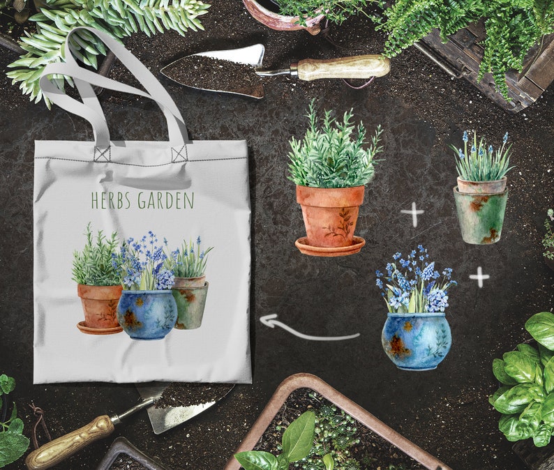 May include: A white tote bag with the text "Herbs Garden" printed on it. The bag features a watercolor illustration of three potted herbs: rosemary, lavender, and chives.