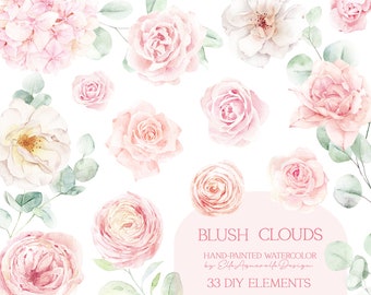 Dusty roses watercolor clipart, blush roses png, eucalyptus png, watercolor flowers clipart, DIY elements blush pink wedding clip art
