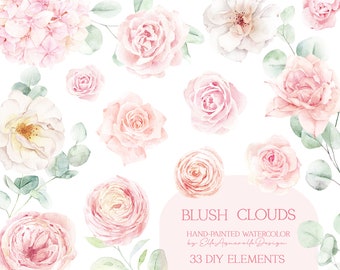 May include: Watercolor illustration of blush pink flowers and greenery. The illustration includes roses, hydrangeas, and eucalyptus leaves. The text "Blush Clouds Hand-Painted Watercolor by Elfy Aquarelle Design 33 DIY Elements" is included in the image.