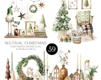 May include: A watercolour illustration of neutral Christmas decorations. The image features a Christmas tree, gnomes, wooden houses, candles, and framed art. The text "NEUTRAL CHRISTMAS" and "59" are also visible.