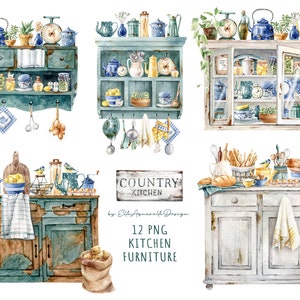Hand painted watercolor rustic kitchen furniture clipart vintage kitchenware digital images for scrapbooking instand download