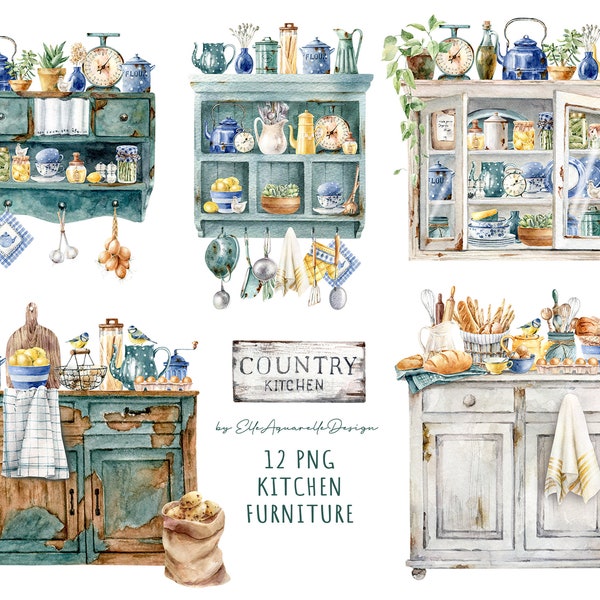 Watercolor kitchen furniture clipart, vintage kitchenware clipart, old cupboard, hand painted watercolour, cooking, stickers, sublimation