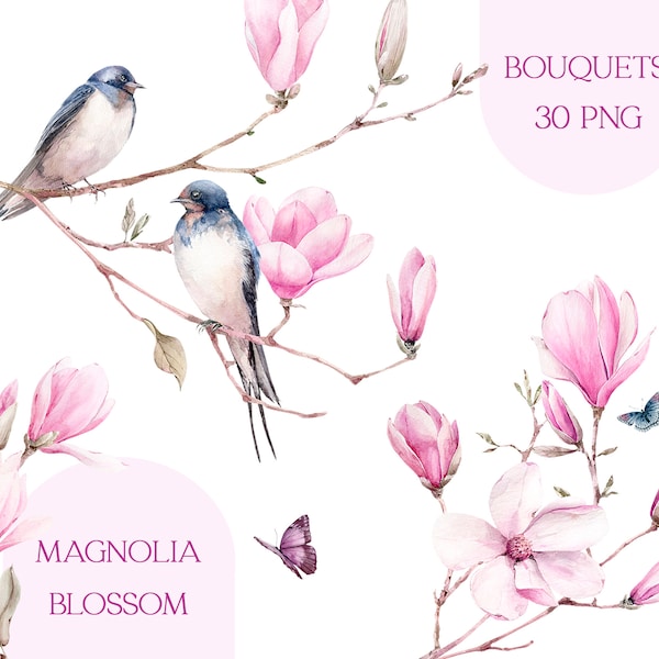 Watercolor magnolia clipart, watercolor spring flowers clipart, flowers and birds png, pink floral wedding clip art