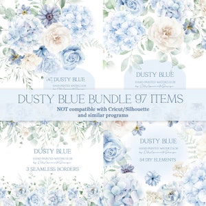 Fiori blu pallido acquerello clipart bundle blu polvere floreale clipart bordo floreale ortensia azzurra matrimonio clip art bordo digitale png