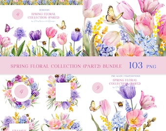 Watercolor spring flowers clipart for Mother's day card making, tulips clip art, watercolour pink floral borders, spring floral graphics