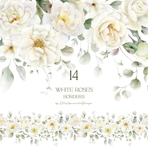 White rose watercolor clipart, watercolour floral border, ivory flowers clip art card making, digital border png, flower graphic image