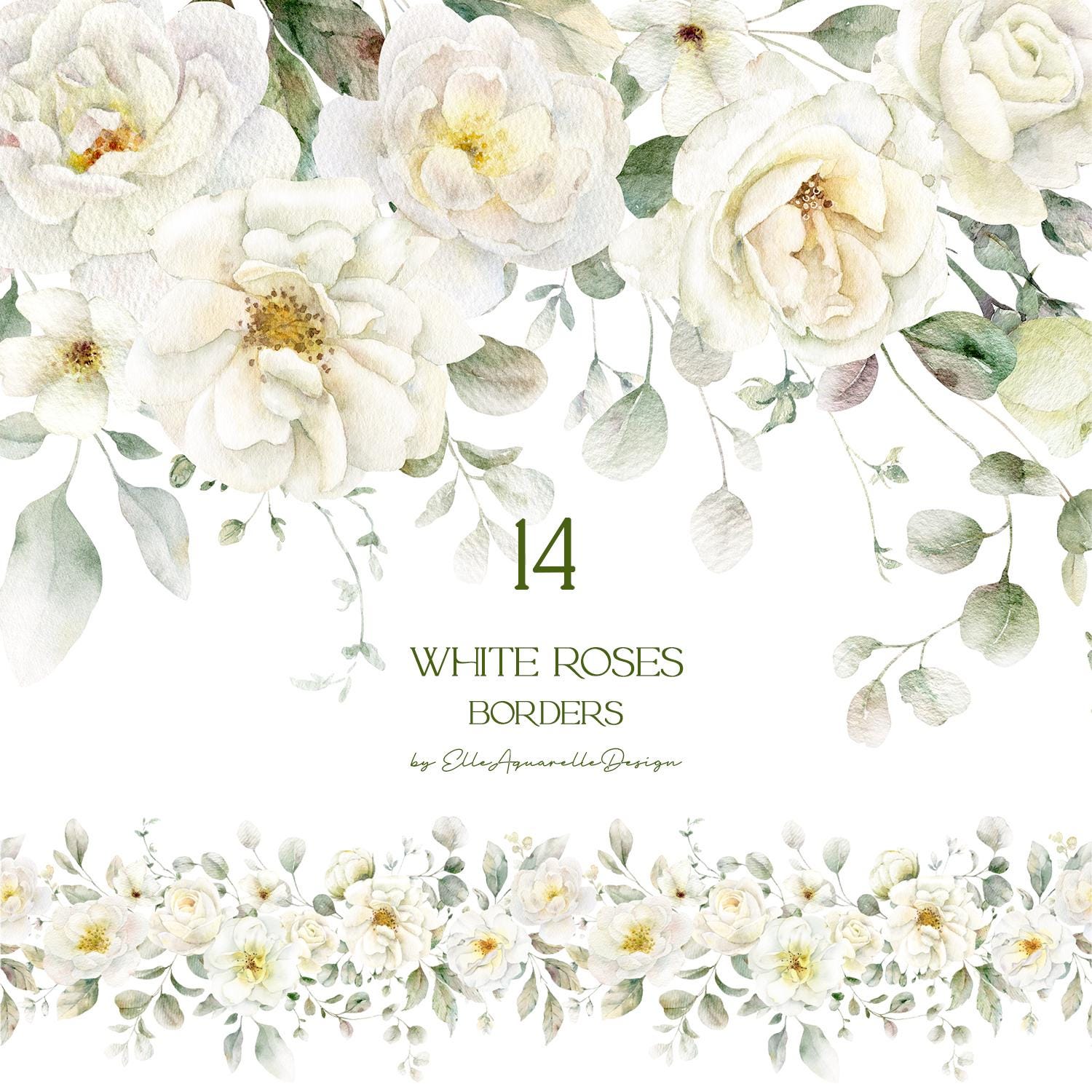 Printable White Roses Border White Rose Watercolor Clipart – Ivory Floral Border PNG - Watercolour ...