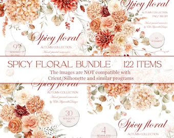 Könnte beinhalten: Ein digitales Kunstpaket mit Aquarell-Blumenarrangements in warmen Herbstfarben. Das Bild zeigt Blumensträuße, Bordüren und einzelne Elemente. Der Text lautet "Spicy Floral Autumn Collection" und "Spicy Floral Bundle 122 Items."