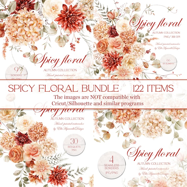 Orange flowers clipart bundle, watercolor fall florals, peach floral border, hydrangea bouquet, terracotta flower png