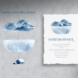 May include: A watercolor wedding invitation with a blue and white mountain landscape design. The text reads "Mary & Daniel" and "The Eighth of February".