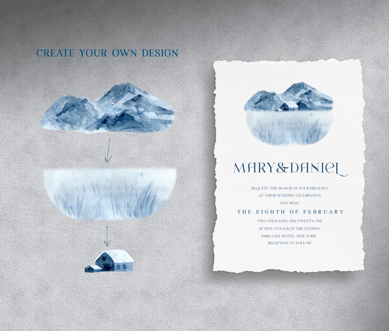 May include: A watercolor wedding invitation with a blue and white mountain landscape design. The text reads "Mary & Daniel" and "The Eighth of February".