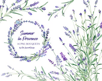 May include: Watercolor illustration of lavender flowers in various arrangements, including a wreath with a butterfly and the text "Summer in Provence 16 PNG BOUQUETS by Elle Aquarelle Design".