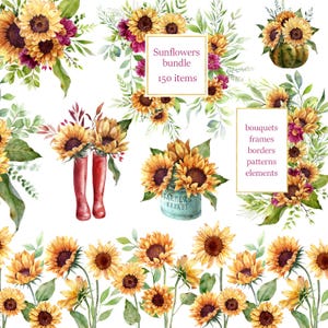 Imágenes prediseñadas de girasoles de acuarela pintados a mano, marcos y bordes florales amarillos para hacer tarjetas de invitación de boda, patrón sin costuras de girasol