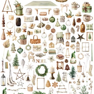May include: A collection of 165 watercolor illustrations featuring a variety of Christmas and winter-themed elements, including wreaths, ornaments, trees, houses, candles, and more. The text "HOME" is featured in the top left corner of the image.