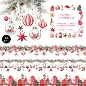 Aquarel kerst slinger clipart, rode kerst ornamenten illustraties, kerst naadloze randen, aquarel frame, digitale download