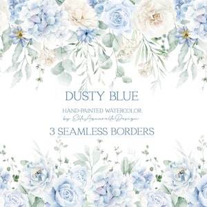 Watercolor floral border, dusty blue floral clipart, watercolor flowers clipart, seamless border, blue creamy flowers watercolor