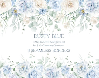 Watercolor floral border, dusty blue floral clipart, watercolor flowers clipart, seamless border, blue creamy flowers watercolor