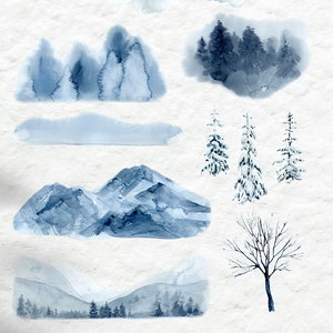 May include: A set of 15 watercolor illustrations featuring winter scenes. The illustrations include snowy trees, mountains, a farmhouse, and a field of grass. The illustrations are painted in shades of blue and white.