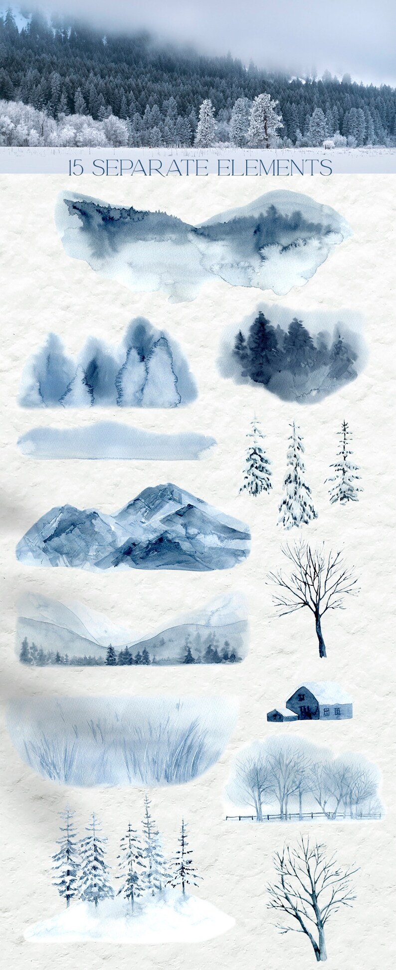 May include: A set of 15 watercolor illustrations featuring winter scenes. The illustrations include snowy trees, mountains, a farmhouse, and a field of grass. The illustrations are painted in shades of blue and white.