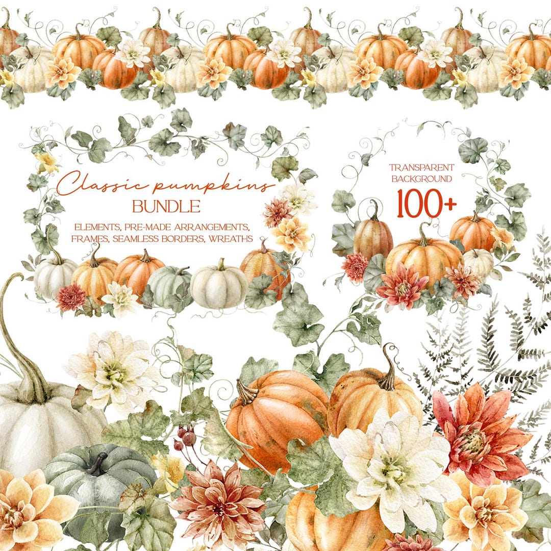 Real Watercolor Pumpkin Clipart Lovely Floral Pumpkin Set With Fall ...