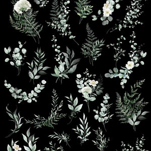 May include: 32 watercolor illustrations of bouquets featuring white flowers and green leaves on a black background.  The bouquets are perfect for creating invitations, cards, and other paper crafts.
