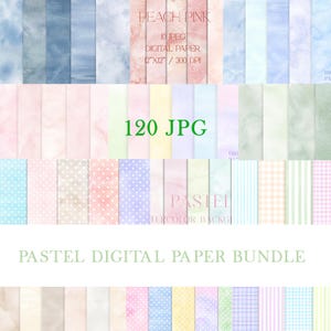 Pode incluir: Um pacote de papel digital com 120 arquivos JPG, apresentando fundos de aquarela pastel. A imagem inclui o texto "PEACH PINK", "10 JPEG DIGITAL PAPER 12"X12" / 300 DPI" e "PASTEL DIGITAL PAPER BUNDLE."