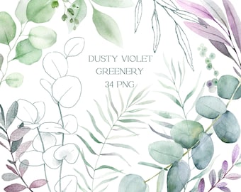 Watercolor greenery clipart, watercolour green leaves clip art, individual elements for card making, digital download, free commercial use