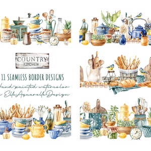 Aquarell Backen Clipart, nahtlose Rand, Aquarell Land Küche Clipart, Geschirr Clip Art, Washi Tape, Küche Bordüre