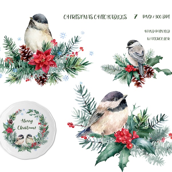 Chickadee watercolor clipart, Happy New Year, bird clip art, Christmas clipart, watercolour clip art, Christmas sublimation, chickadees