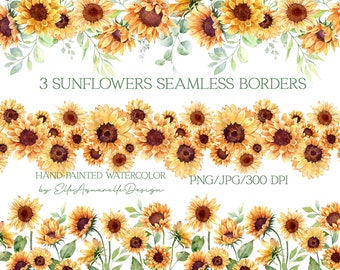 Watercolor sunflower seamless borders clipart for card making digital yellow floral border hand-painted watercolor sunflowers graphic images