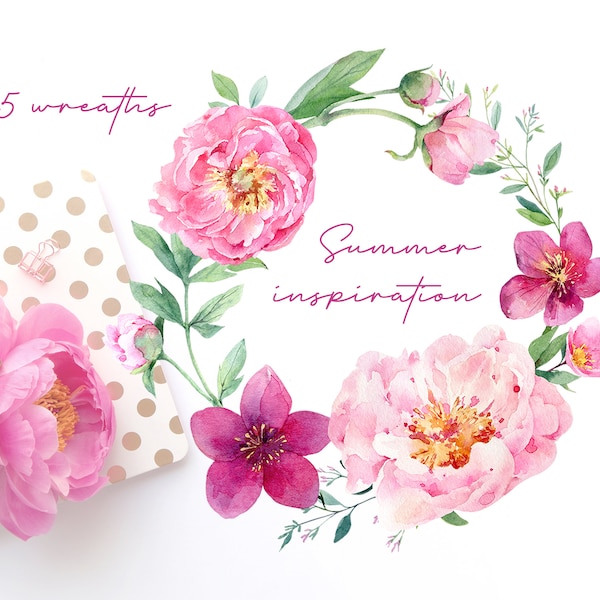 Watercolor flowers clipart, floral clipart, watercolor floral wreath png, pink flower, peony, hydrangea, peonies wreath, wedding clipart