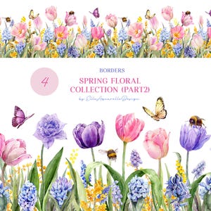 Aquarell Tulpen Clipart, Frühlingsblumen ClipArt, Aquarell Blumenrand, Frühlingsblumen Grafiken, nahtloses Design rosa Blumen Rand