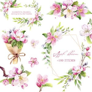 Clipart fleur de pommier, lot de cliparts aquarelle fleurs de printemps, aquarelle de fleur de printemps, clipart fleurs roses, fleurs roses png thumbnail