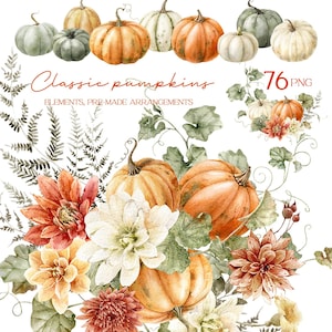 Clipart citrouille aquarelle, citrouilles oranges png, fleurs d'automne png, clipart automne aquarelle, usage commercial gratuit, fleurs de dahlia