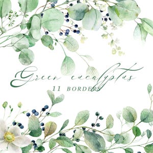 Clipart eucalyptus aquarelle pour carte d'invitation de mariage fabrication de bordures de verdure numériques feuilles vertes peintes à la main graphique téléchargement immédiat
