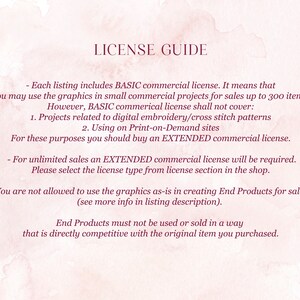 May include: A pink and white textured background with a text-based license guide for digital graphics. The guide explains the difference between a basic commercial license and an extended commercial license. The guide also states that the graphics cannot be used to create end products for sale without an extended license.