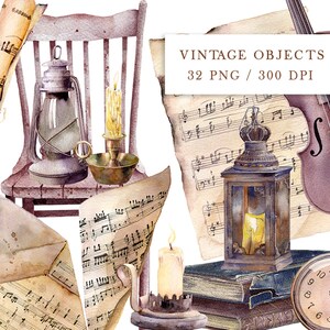 Clipart acquerello vintage, spartiti musicali, vecchie carte, candele, libri, antiquariato, buste, lanterne, lettere, clipart acquerello, digitale