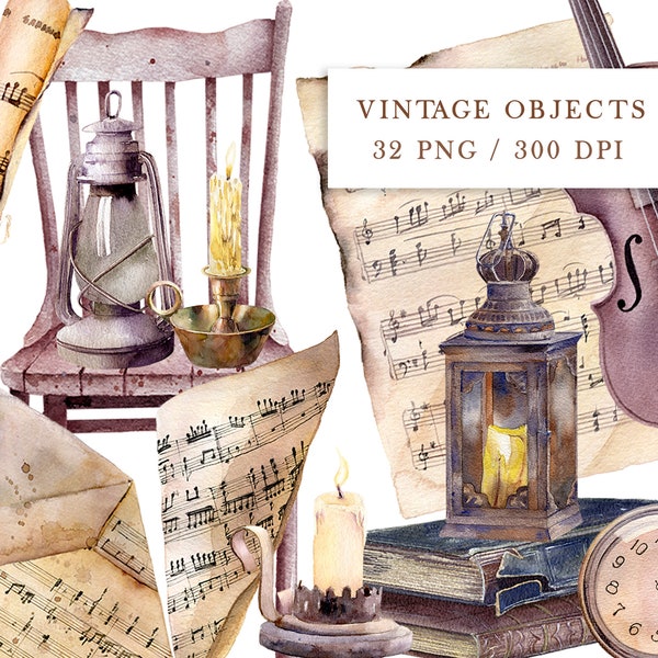 Vintage watercolor clipart, music sheet, old papers, candle, books, antique, envelope, lantern, letters, watercolour clip art, digital