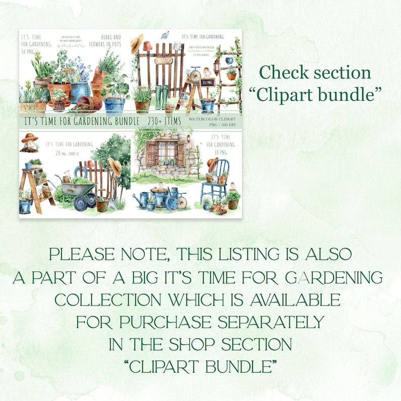 May include: A watercolor clipart bundle for gardening with over 230 items. The bundle includes images of a garden fence, a window, a wheelbarrow, a watering can, a chair, and a variety of plants and flowers.