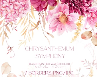 May include: Seven watercolor borders featuring pink and burgundy chrysanthemums, hydrangeas, and eucalyptus leaves. The text "CHRYSANTHEMUM SYMPHONY" and "HAND-PAINTED WATERCOLOR by Elle Agyarelle Design" is included in the image. The text "7 BORDERS PNG/JPG" is also included in the image.