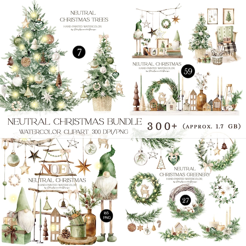 May include: A watercolor clipart bundle featuring neutral Christmas illustrations. The bundle includes 300+ images, such as Christmas trees, wreaths, gnomes, and other festive elements. The images are perfect for creating digital designs, greeting cards, and other crafts.