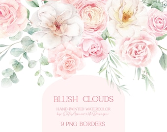 Watercolor floral border, blush pink roses clipart, dusty pink wedding clip art, watercolor flowers clipart, premade borders, printable