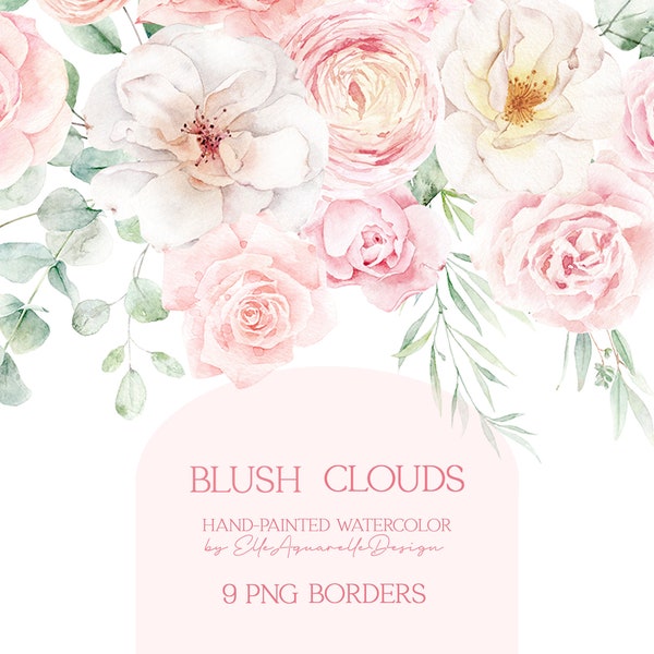 Watercolor floral border, blush pink roses clipart, dusty pink wedding clip art, watercolor flowers clipart, premade borders, printable