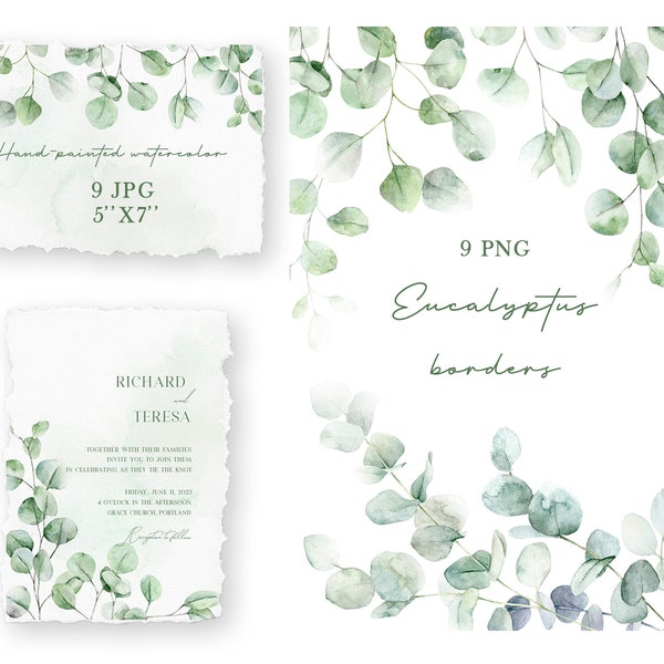 Aquarell Eukalyptus Bordüre, grüner Rahmen Clipart, botanische Hochzeit Clipart, Laub, grüne Blätter png, druckbare Karten, digitale Bordüre