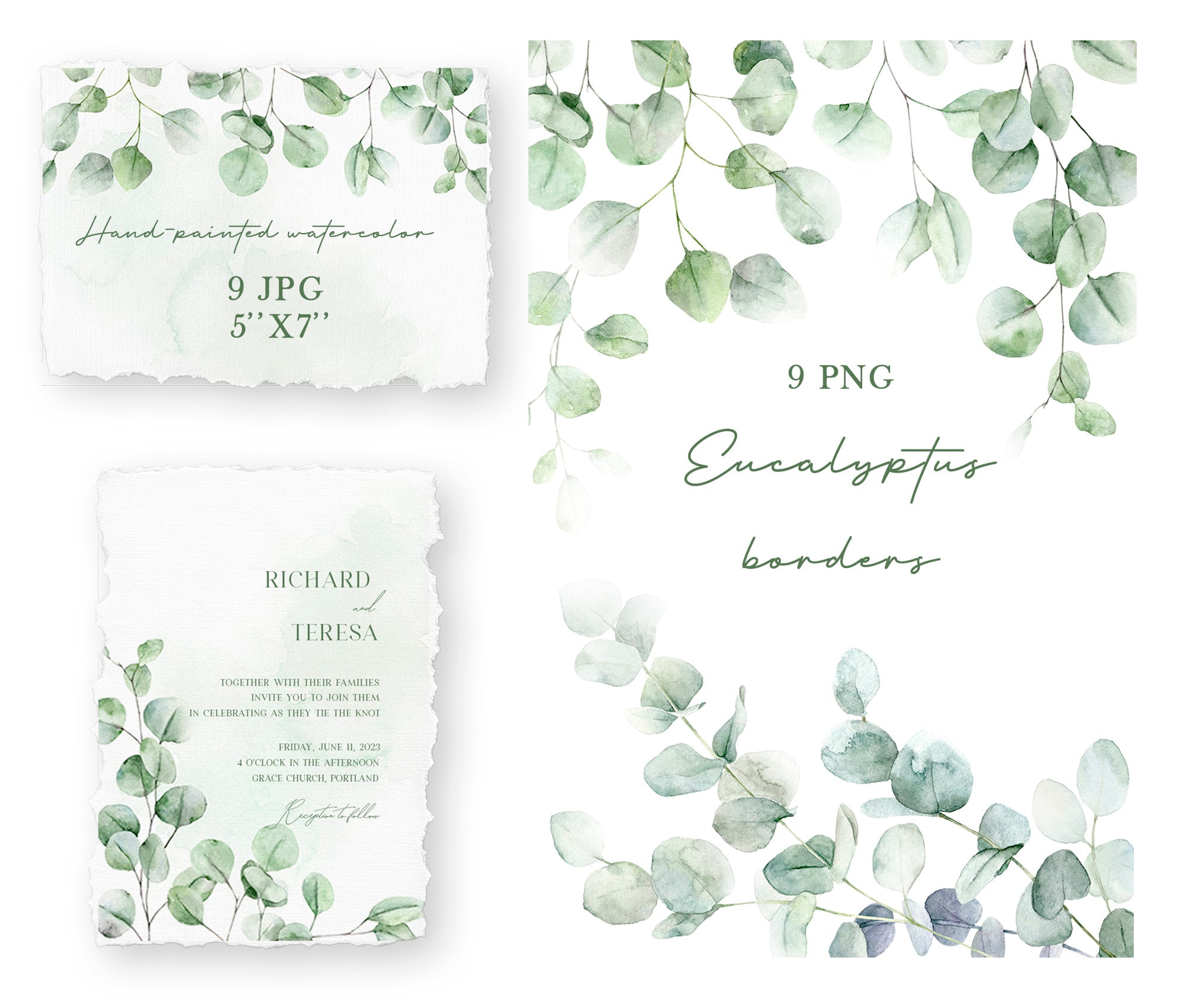 Watercolor eucalyptus border, greenery frame clipart, botanical wedding clipart, foliage, green leaves png, printable cards, digital border