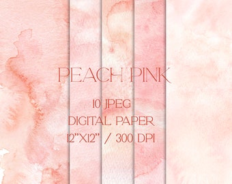 Blush watercolor digital paper, peach watercolor textures, printable scrapbook paper, peach pink watercolor background, commercial use
