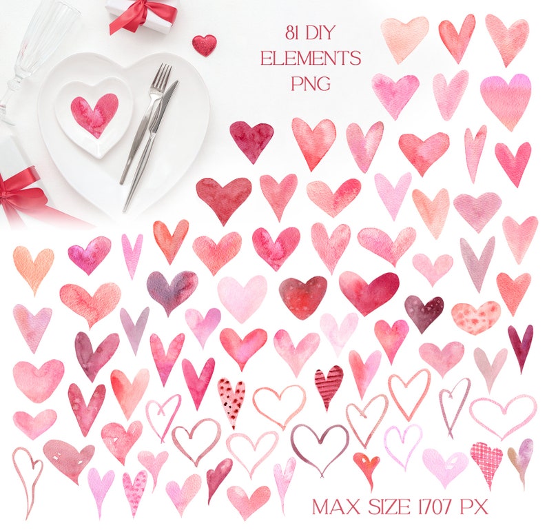 Puede incluir: 81 elementos DIY PNG. Una colecci&oacute;n de 81 corazones de acuarela en varios tonos de rosa y rojo. Los corazones est&aacute;n dibujados a mano y tienen una variedad de estilos, incluyendo contornos simples, formas rellenas y corazones con patrones.