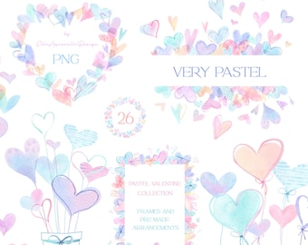 Imágenes prediseñadas de San Valentín en acuarela, corazón pastel PNG, imágenes prediseñadas de amor pintadas a mano, marcos de corazón, gráficos de San Valentín en acuarela